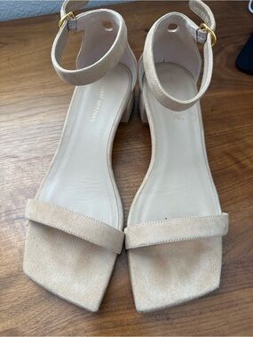 Stuart Weitzman Nudist June Square Suede Ankle Strap Sandals Nude Beige Size 9